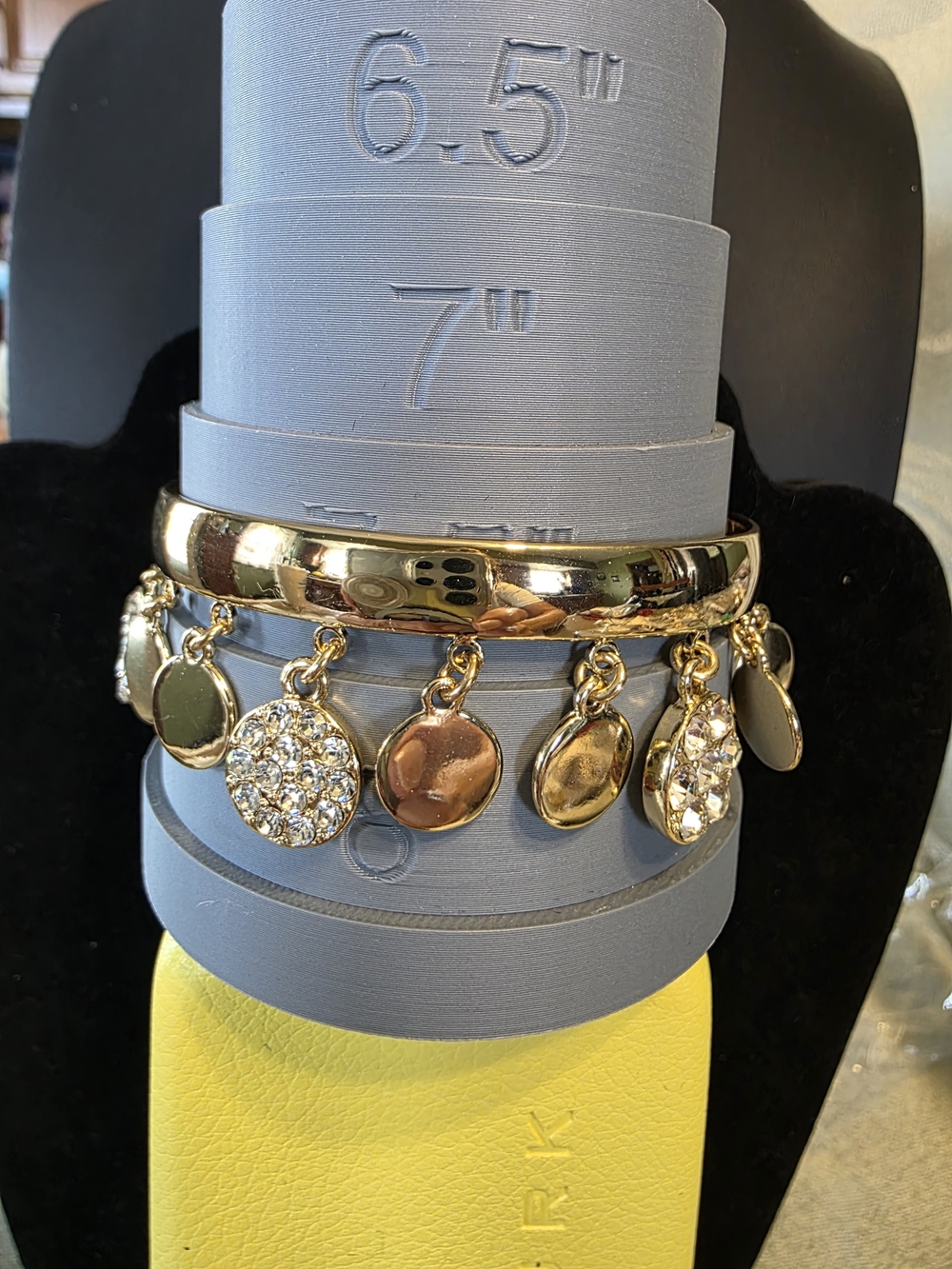 #318 Gold Charm Bangle Bracelet with Crystal Discs - Women Jewelry
